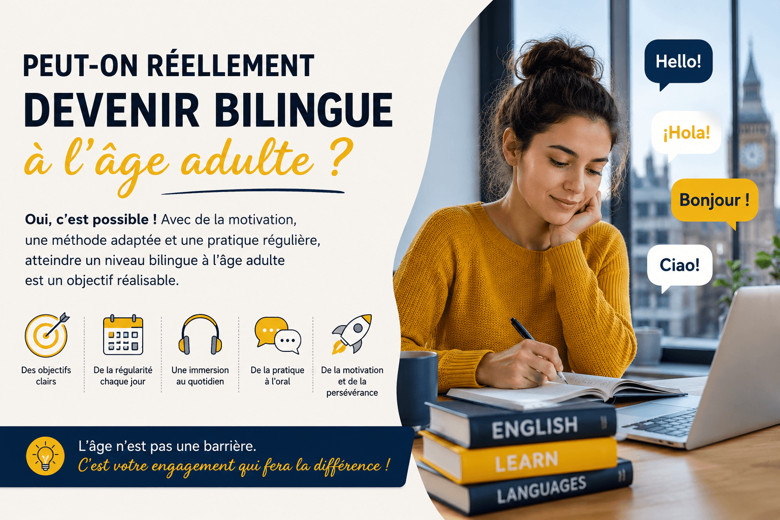 Peut-on réellement devenir bilingue à l’âge adulte ? Une adulte apprend une langue étrangère en étudiant sur son ordinateur portable dans un environnement calme.